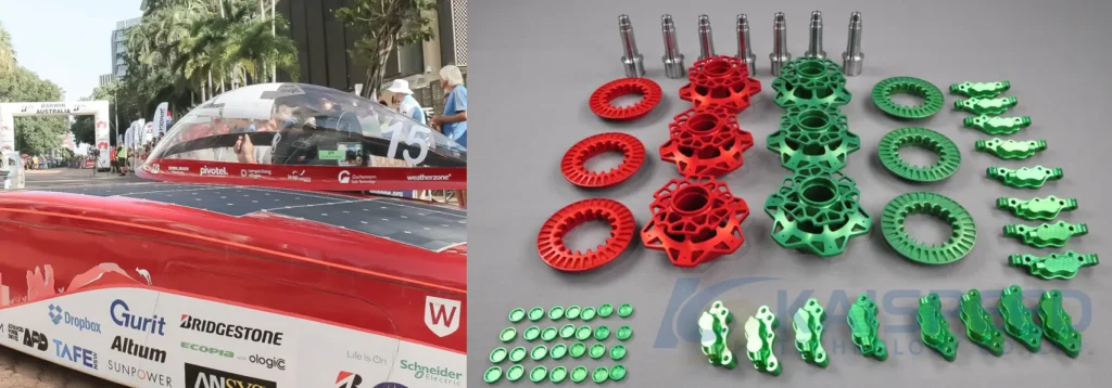 KaiSpeed CNC machined aluminum front upright and axle for a championship solar racing car.