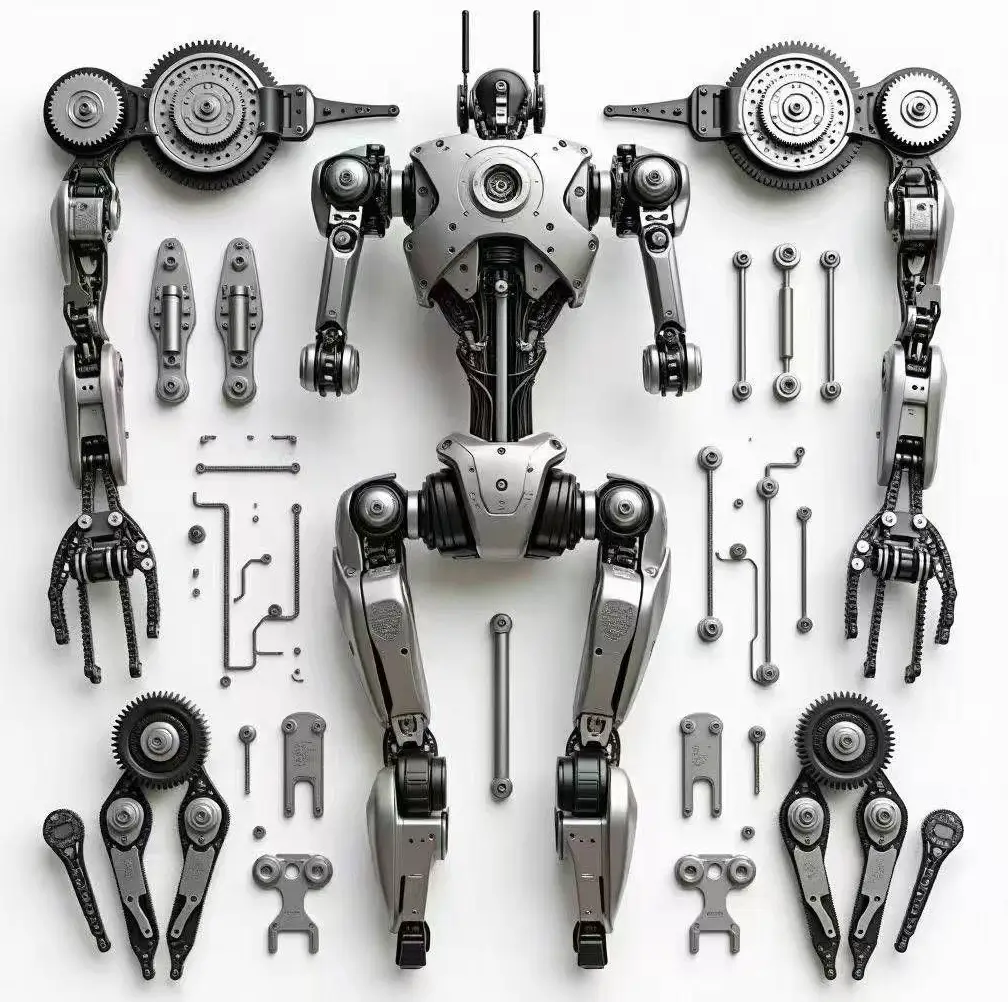 Close-up gallery of CNC machined robotic parts including gears, actuator housings, and sensor brackets, showcasing KaiSpeed's precision.